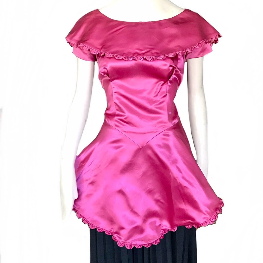 1950s Harry Kaiser hot pink satin peplum blouse 50s bow shawl collar top S/M